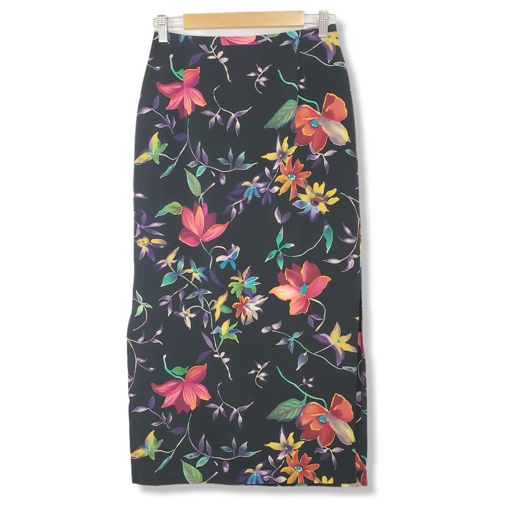 Vintage 80's Tofy Black Multicolored Floral Print A-line Midi Skirt Size 8